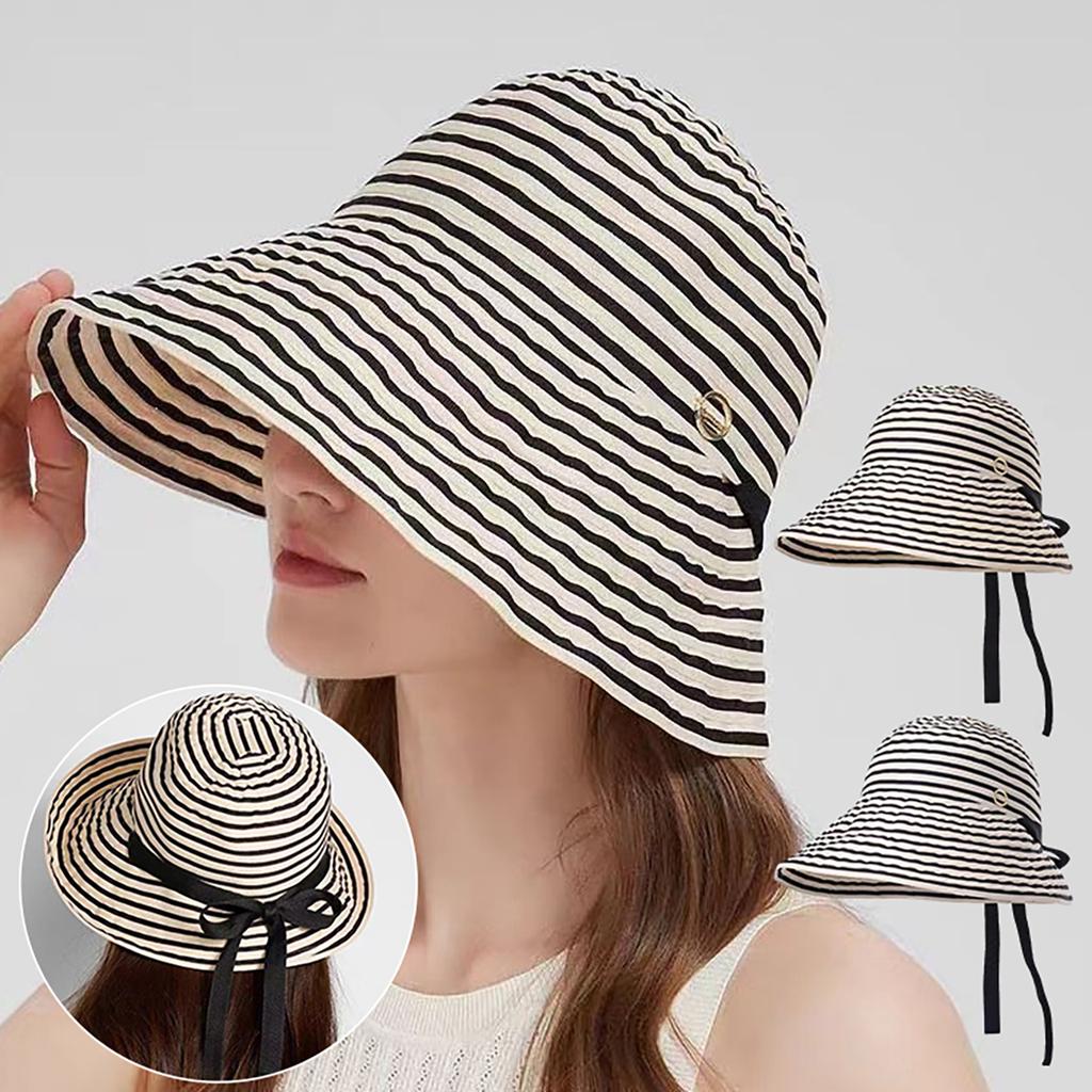 Retro Striped Lace-up Fisherman Hats For Women Summer UV Protection Bucket Hat Casual Outdoor Female Wide Brim Panama Basin Cap