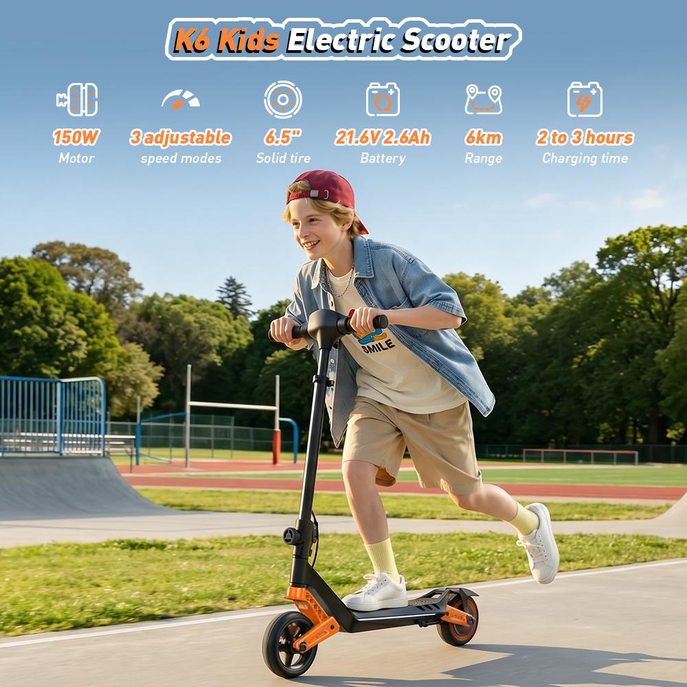 K6 Kids Electric Scooter 150W 2.6Ah 6.5'' Solid Tires Bluetooth Speaker LED Lights Foldable & Height Adjustable 16KM/H Max Speed 7-9KM Range for kids