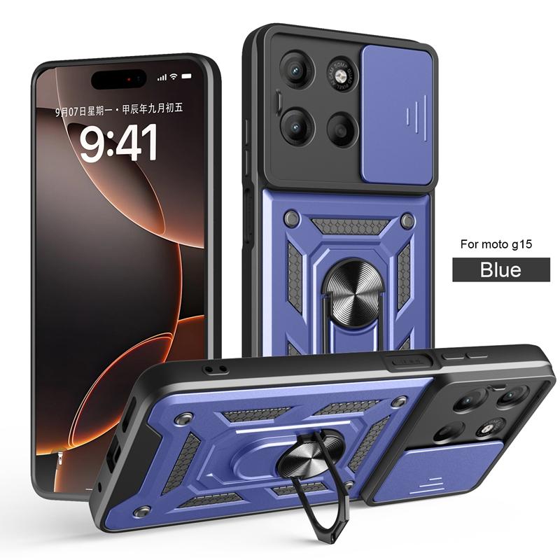 Armor Funda for Motorola Moto G15 5G Case Slide Camera Protection Ring Stand Back Cover for Moto G15 Power Capa