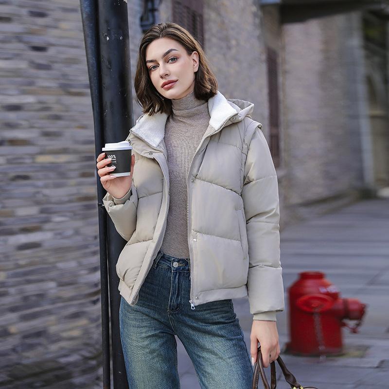 Short cotton-padded women's winter new removable sleeves cotton-padded warm thickened loose cotton-padded jacket hooded bread jacket