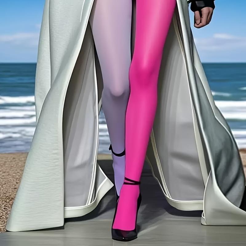 

1Pc Double Colored Patchwork Pantyhose For Women Autumn Winter Velvet Fabric High Waist Elastic Tights Leggings Long Stockings One Size
