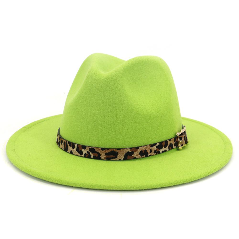 19 Color Women'S Wide Brim Felt Fedora Panama Hat With Leopard Belt Buckle Party Trilby Cowboy Hat Fashion Jazz Cap