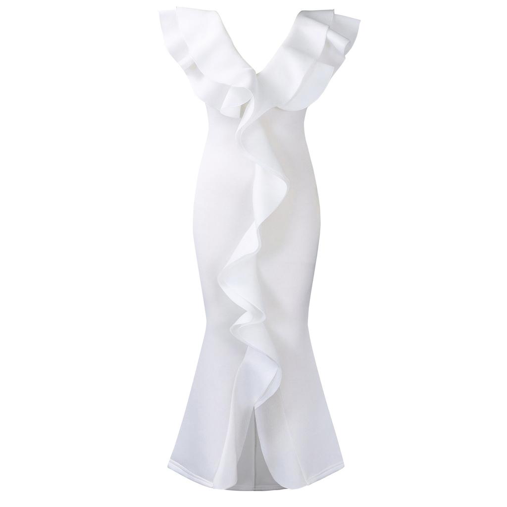 C8634 European and American Cross-border Fashion Women's Clothing Amazon Summer Dress Solid Color V-neck Ruffle Edge Split Harpoon Tail Skirt Long 