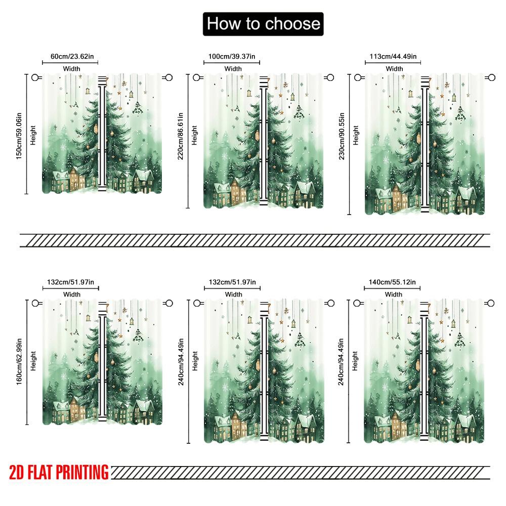 2pcs,2D plane printing Popular Curtain Panels Christmas Tree Snow Village (2) Versatile Polyester Fabric (without rod) All