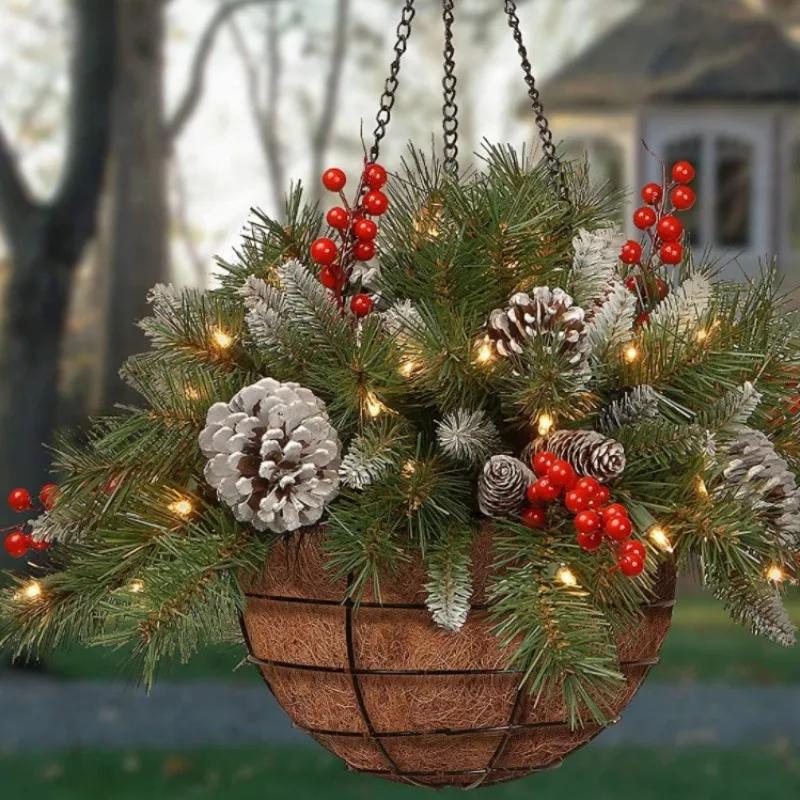 Artificial Christmas Hanging Basket 40cm Golden Powder Golden Leaf Pine Cone Golden Ball Hanging Ornament Xmas Decor Ornaments