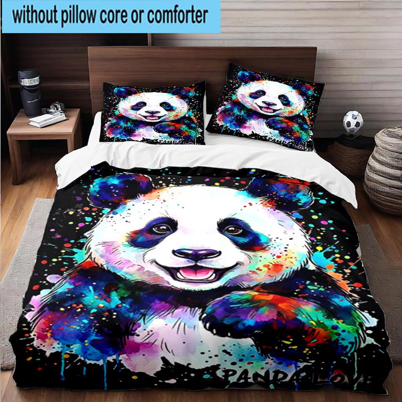 Colorful Panda Love 3pcs Bedding,Including 1pc Duvet Cover And 2pcs Pillowcases Perfect for Christmas,Ideal for Bedroom, Dormitory