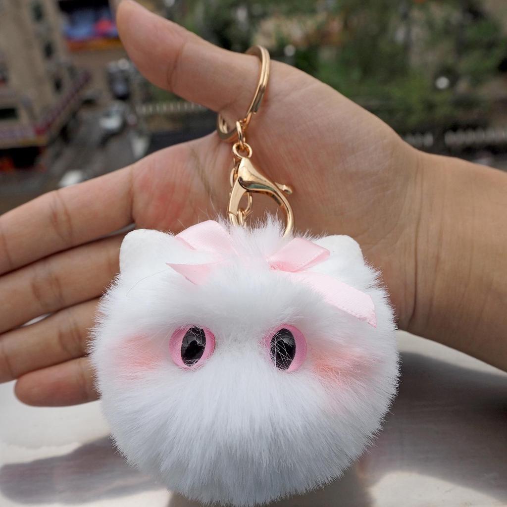 Rex Rabbit Fur Bow Cat Pendant Keychain Kitten Ornament