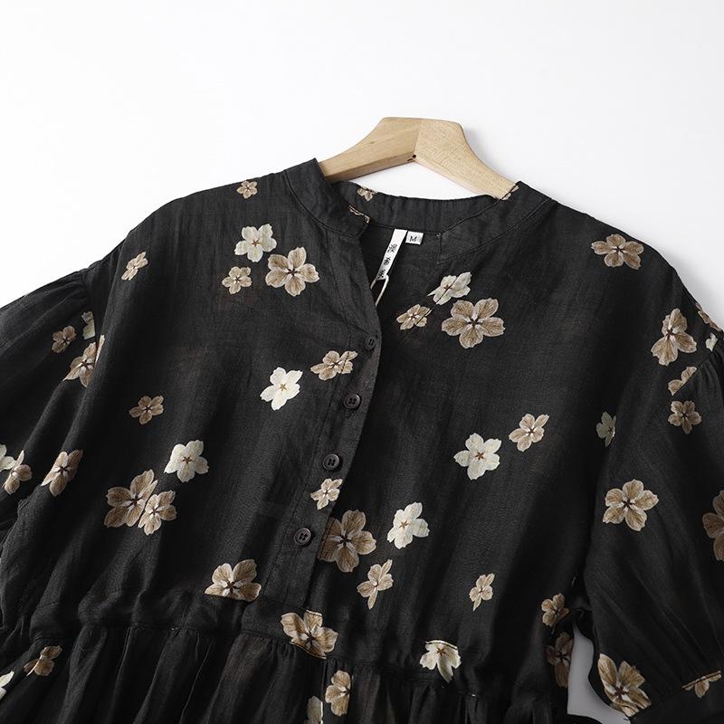 Light and breathable printed cotton and linen dress for women's 2025 summer new floral light luxury short-sleeved temperament medium and long dress