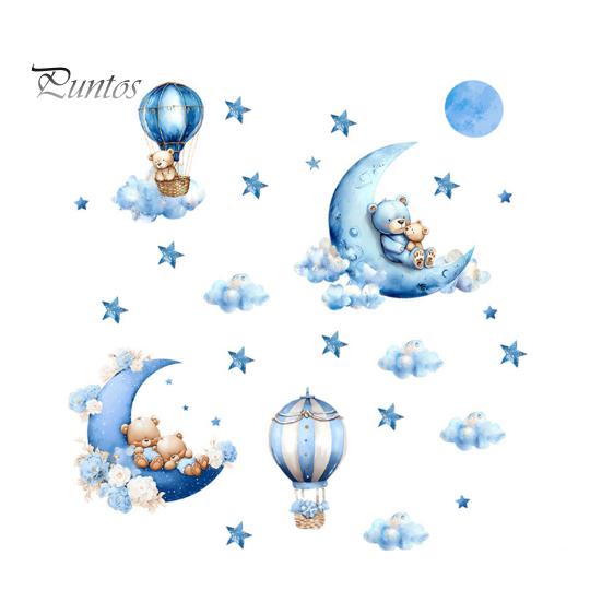 Non Fading PVC Wall Stickers 2Pcs Starry Sky Bear Stickers, Cartoon Moon Hot Air Balloon Decals, Versatile Decals for Glass Blue Peel And Stick
