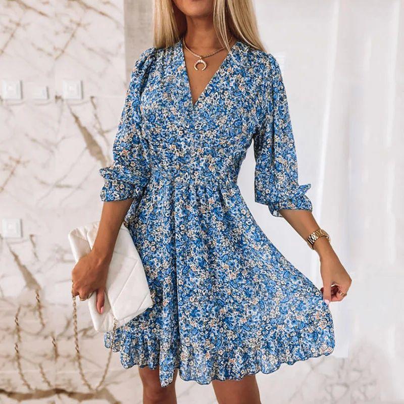 Loose Printed Short Sleeve Sleeved Floral Dress Loose Short Sleeve Floral Dress