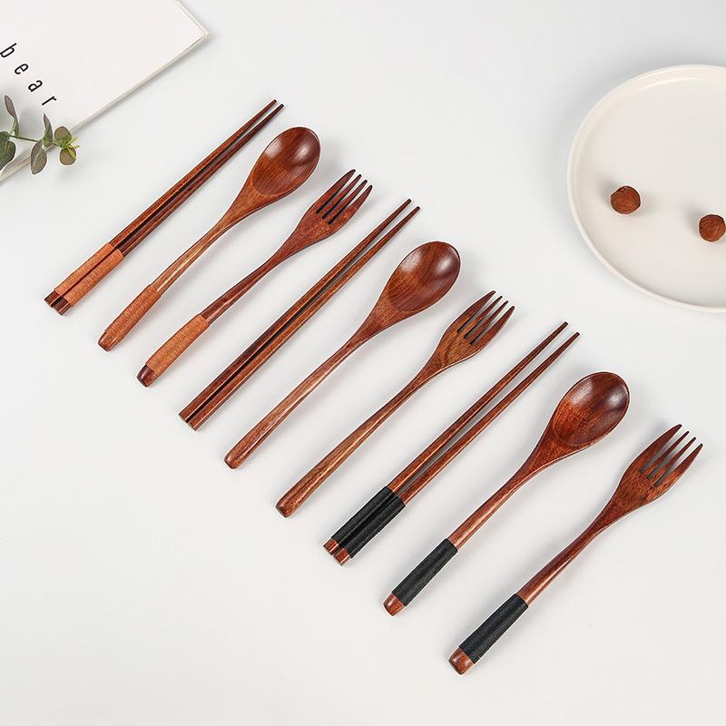 Japanese Wooden Cutlery Set: Spoon, Fork & Chopsticks with Old Lacquer Nanmu and String Tie
