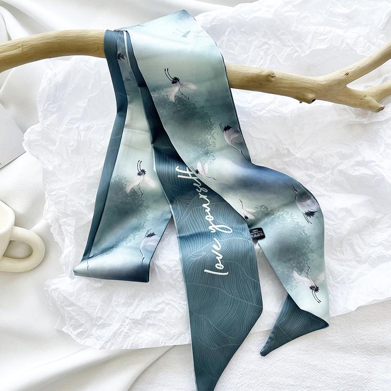 Women Narrow Short Scarf 85X6Cm Print Pattern Chiffon Silk Rubber Black Bag Ribbon Headbands Choker Streamer Lady Accessories