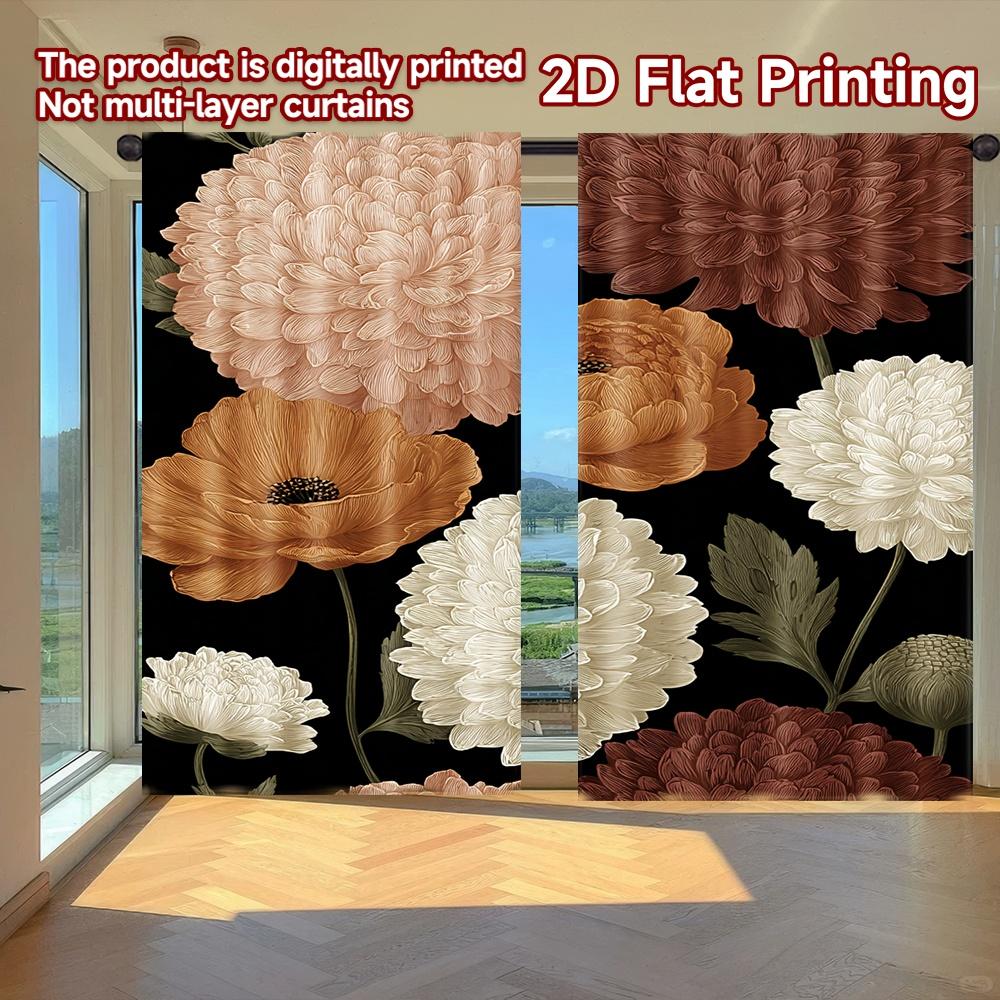 

Flat Printing Curtains Without Rod Floral Elegance Dark Background New Year Festival Fashion Fabric Curtain Set Of 2 Made Polyester Washable W100*H70(CM)-Hooks&2PCS