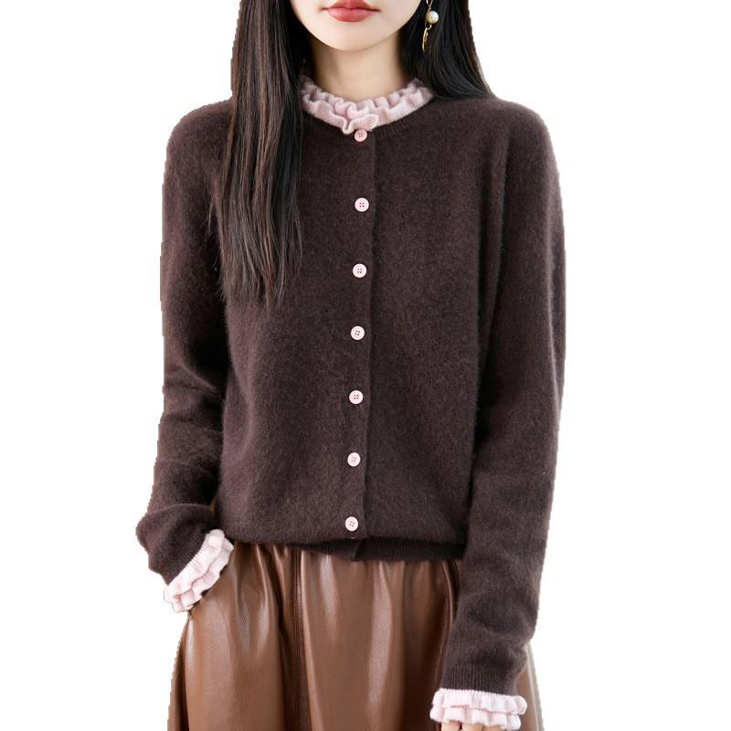 French Fungus Edge 100% Wool Sweater Women'S Autumn And Winter Round Neck Loose Knitted Cardigan Top Jacket Pullover Sweater