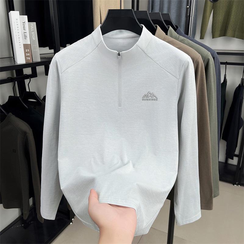 Men's 2025 Solid Color Stand Collar Zipper T-Shirt - Long Sleeve Casual Autumn Pullover