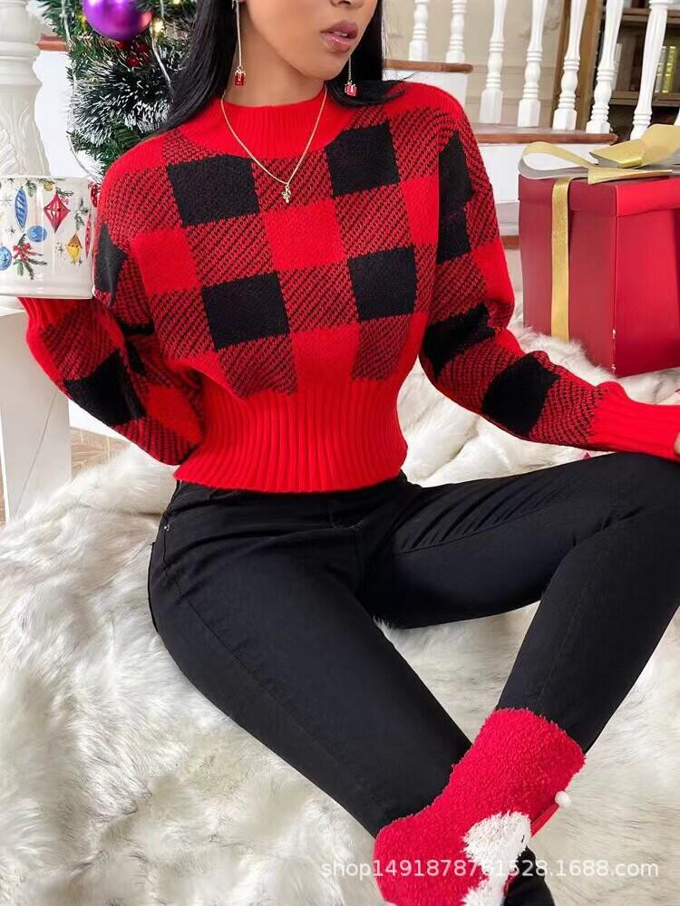 Women's Slim Fit Red & Black Plaid Knit Sweater - Christmas Autumn/Winter Collection
