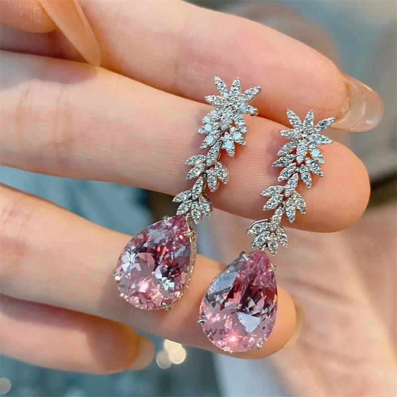 Aesthetic Women Drop Earrings Inlaid Sparkling Pink Pear CZ Elegant Party Engagement Accessories Gorgeous Trendy Jewelry