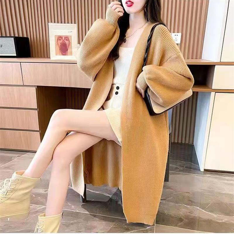 Mid-length Cardigan Sweater for Women's Autumn and Winter Wear Loose Large-sized Cardigan Long-sleeved Solid Color Knitted Coat