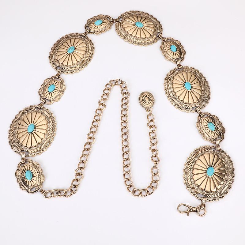 Bohemian Waist Chain Turquoise Inlaid Large Accessories Western Style Denim Handsome Metal Heavy Industry New Women's Waist Chain