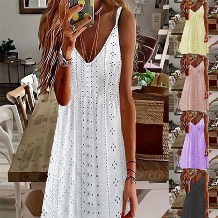 European and American women's clothing summer new hollow jacquard V-neck suspender solid color dress