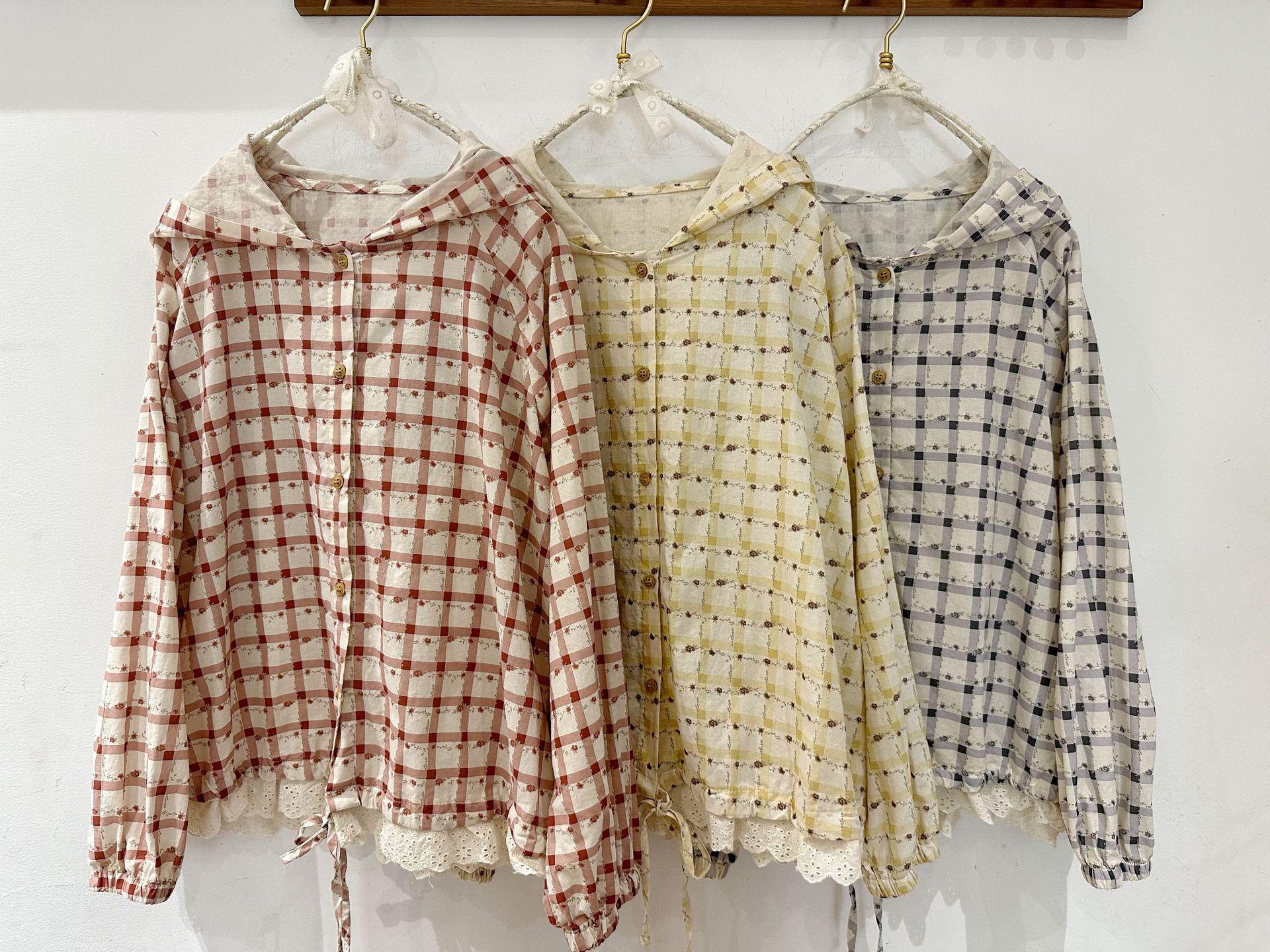 

2026 Spring/Summer Sweet Literary Plaid Hooded Long-Sleeve Women s Casual Lace Top One Size фіолетовий