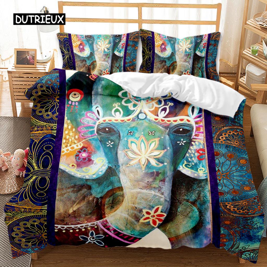 Set de husă de pilota cu elefant boem, model de mandala elefant, set de lenjerie de pat cu animale pentru adolescenți, adulți, regina rege, husă de pilota din poliester