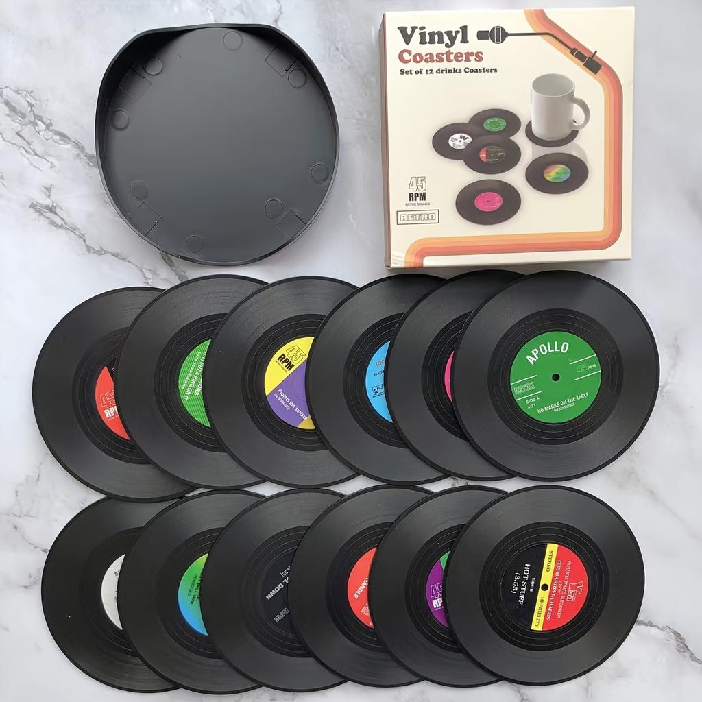 6 Adet Renkli Retro Vinil Plak Disk Bardak Altlığı Komik Etiketlerle - Mobilyaların Kirlenmesini ve Çizilmesini Önleyin