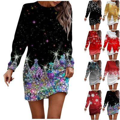 Long Sleeve Dress For Women Casual Christmas Printed Pullover Hip Pack Dress Sweater Dress 