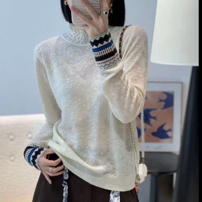 Кружевной воротник Ретро жаккардовый свитер с длинным рукавом Рельефная базовая рубашка Универсальный пуловер L