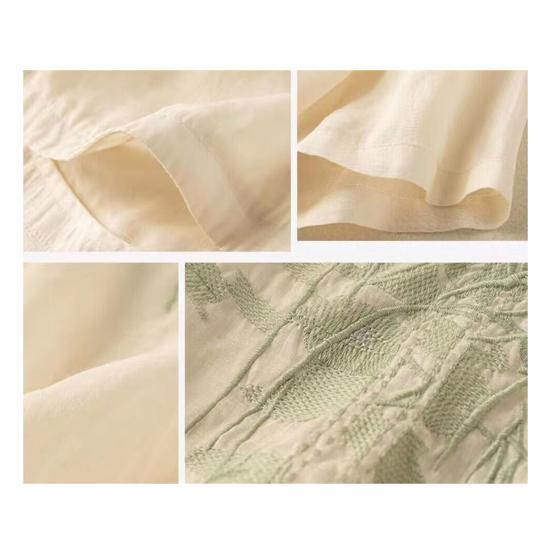 Women Tops Round Neck Short Sleeve Embroidery Bamboo Pattern Tee Shirt Solid Color Loose