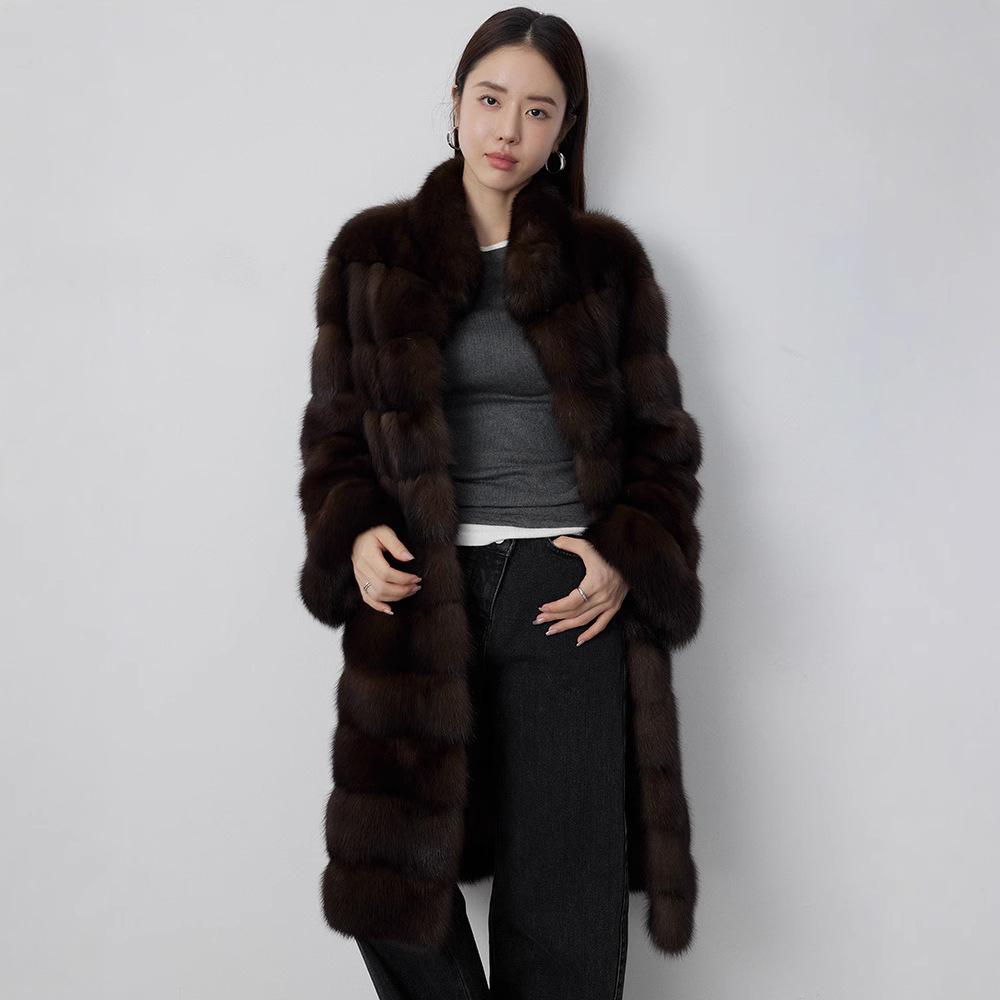 Eco-friendly Russian Sable Black and Gold Fur Coat for Women - Spring 2026 Collection, Thick and Warm, Versatile Design.