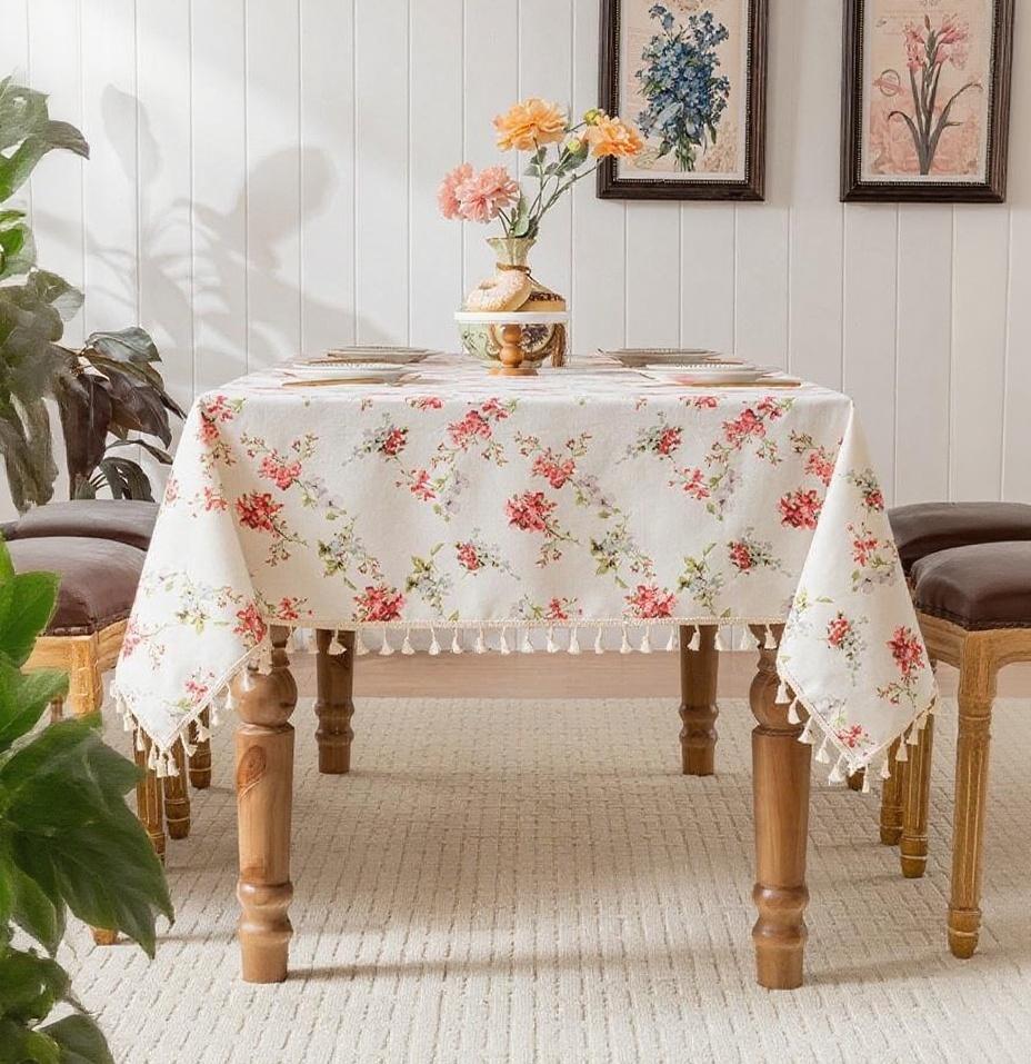 Household Waterproof Tablecloth Floral Tassel Tablecloth Rectangular Tablecover Tea Table Decor For Kitchen Dining Room