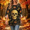Women's Casual Loose Fit Three-Quarter Sleeve Neck Top with Halloween Print