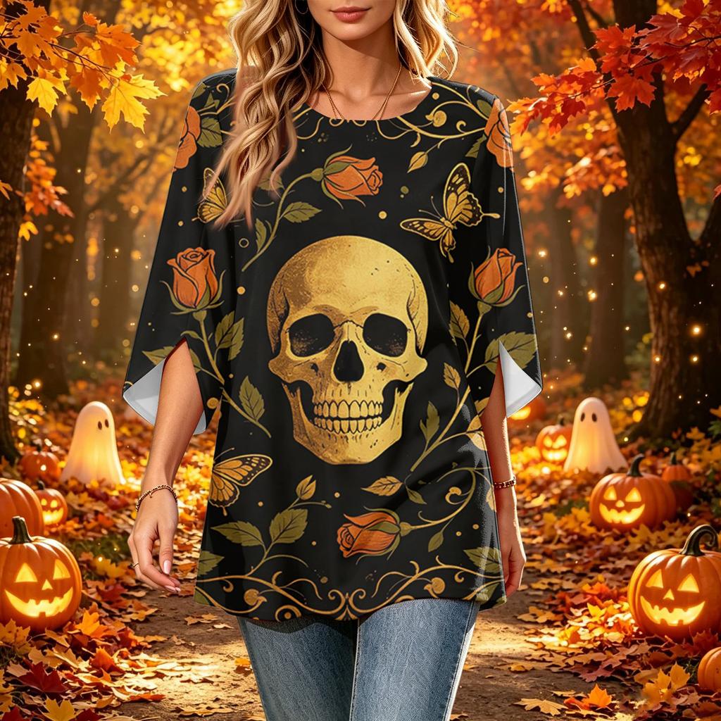 Women's Casual Loose Fit Three-Quarter Sleeve Neck Top with Halloween Print