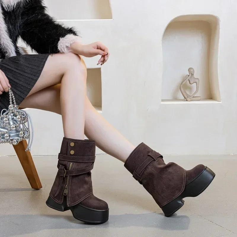 Fashion 11cm Suede Cow Genuine Leather Spring Platform Wedge Flats Women Autumn British Motorcycle Fashion ZIP Ankle Boots Shoes
