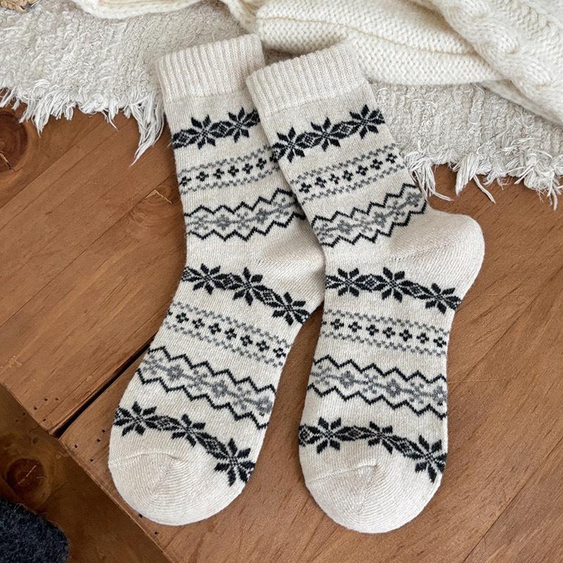 Retro Wollsocken Kinder Koreanische Mittelrohrsocken Geometrische Schneeflocke Verdickte Warme Stacking-Socken