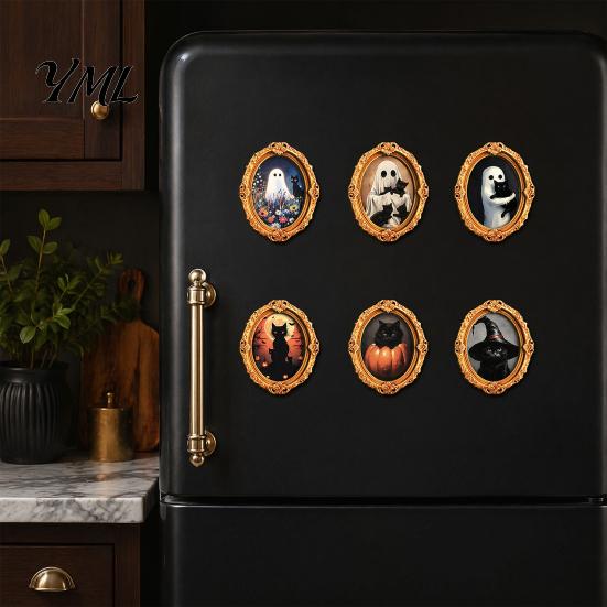 Refrigerator Magnet Set 1/6Pcs Halloween Retro Frame Magnet, Wooden Fridge Kitchen Appliance Accessories Decoration, Memo Note Holder for Holiday