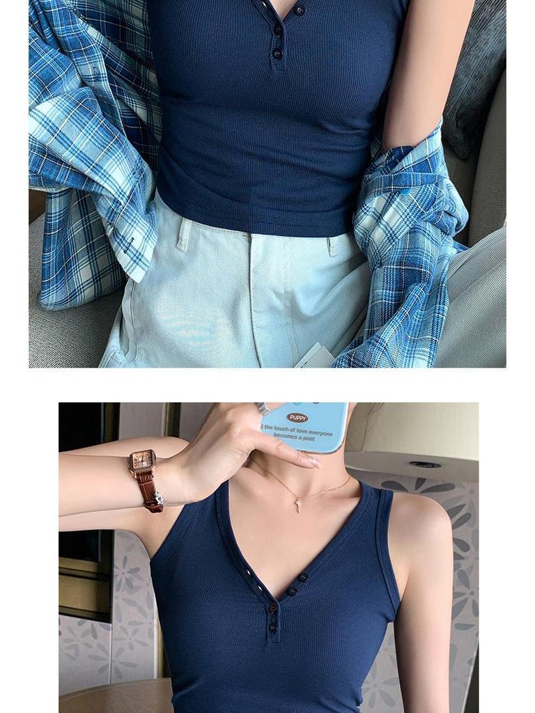 K3019 Threaded Button V-Neck Camisole - Women's Slim-Fit Cotton Top, Spring/Summer Style