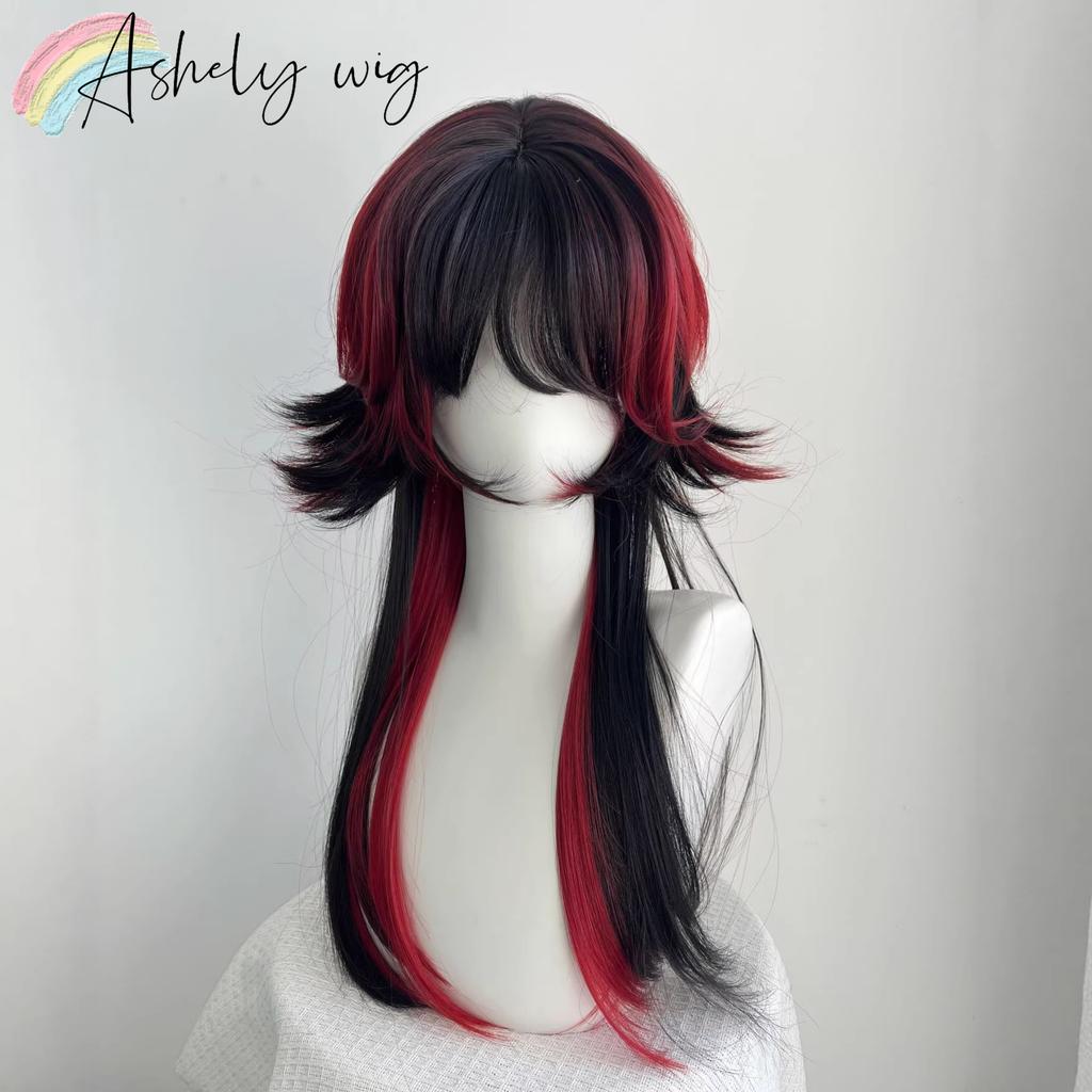 Ashely Jellyfish Head Black with Red Wigs with Bangs Subculture Y2K High Temperature Fibers Cosplay Synthetic Wigs for Daily Use