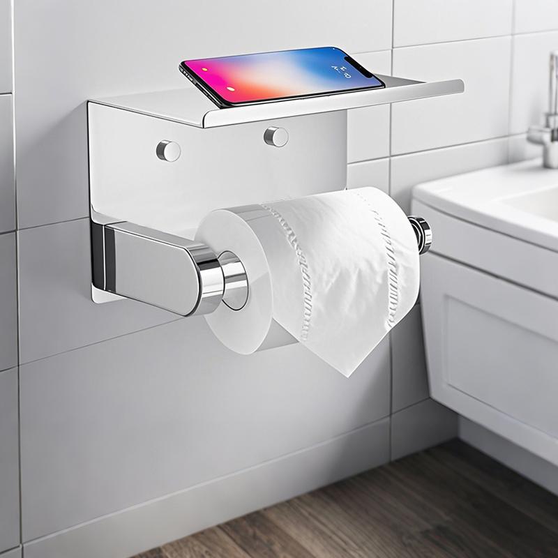 Stainless Steel No-Drill Bathroom Toilet Paper Holder with Phone Shelf - Wall-Mounted Space-Saving Design for Home WC & Restroom