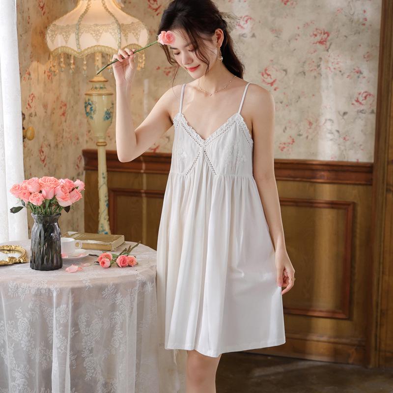 Court Style Lace Camisole Nightgown with Bra Pads - Sexy Cotton Long Sleep Dress for Women