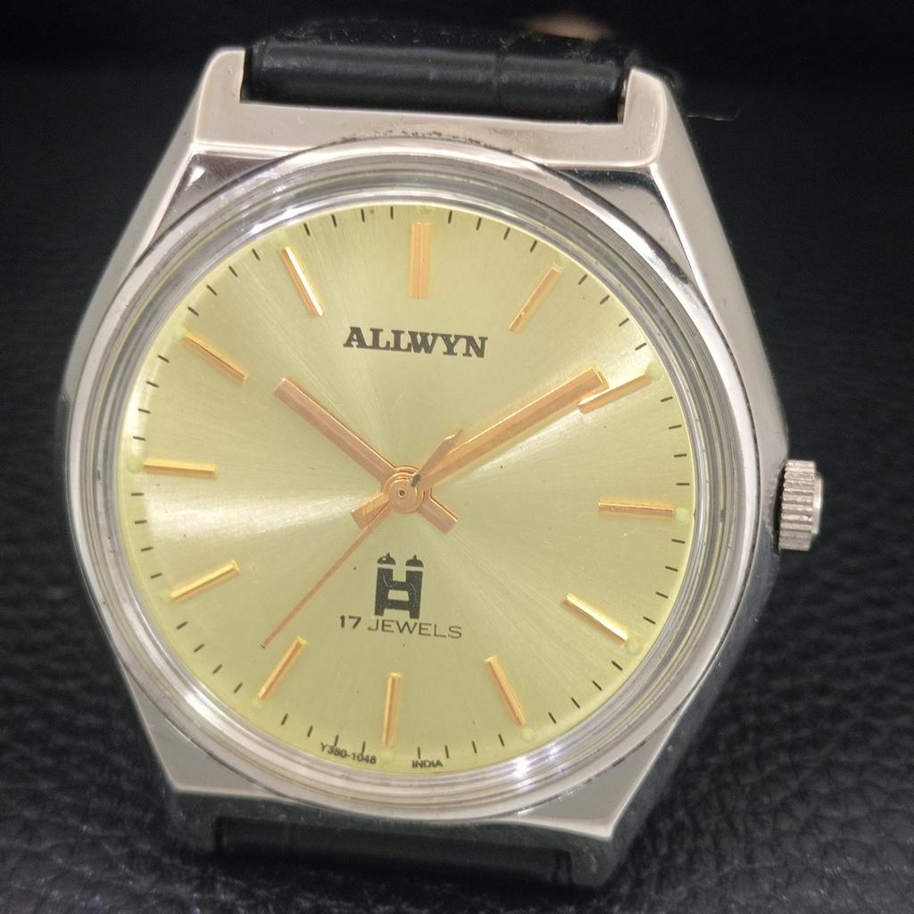 ALLWYN HANDAUFZUG VINTAGE 6300A INDISCHES HERREN GOLDFARBENES ZIFFERBLATT UHR a703966-1