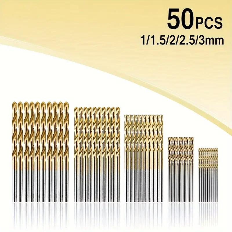 Straight Shank Twist Drill Bit Set Titanium Coated High Speed Steel HHS Wood Plastic Aluminium Cutter Woodworking Tool 50pcs
