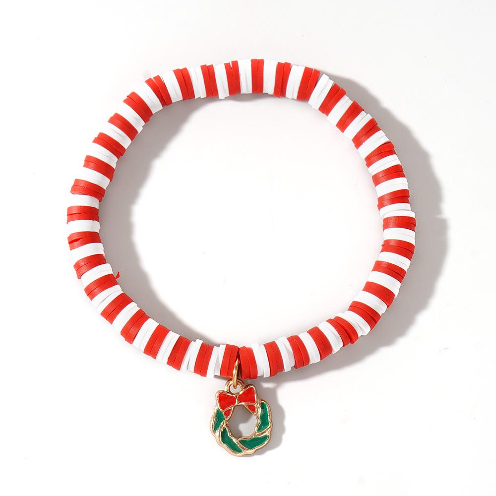 Christmas Clay Beaded Bracelet with Tree, Snowman, Bell & Reindeer Pendants In Red, White & Green - Festive Hand Jewelry