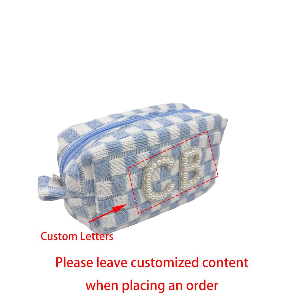 Custom Initials Blue Checkered Pouch Bridesmaid Favors Makeup Bag Beach Bachelorette Coastal Cowgirl Last Toast on The Coast