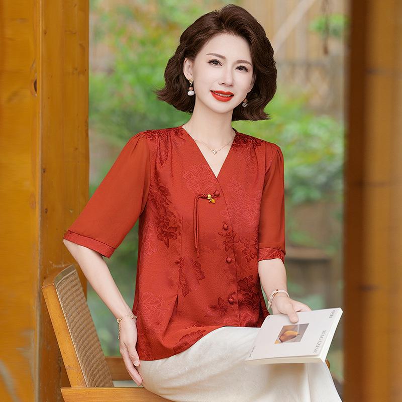

2026 Summer Chinese Style Chiffon Shirt for Mother-in-law Wedding Banquet 2XL (recommended 55-60 kg) оранжевый/красный