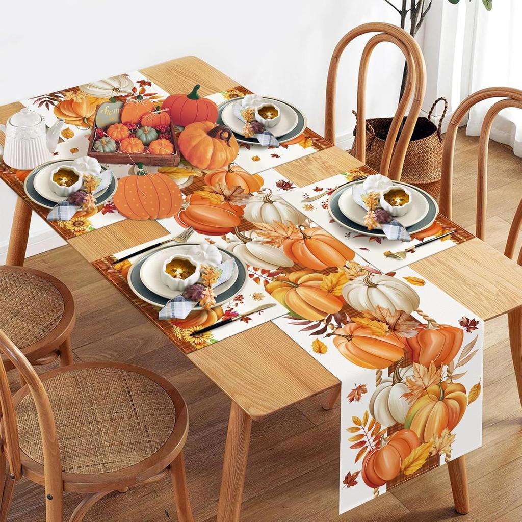 Bonhause Fall Pumpkin Leaves Table Runner 13x90 Inch Orange Buffalo Plaid Autumn Thanksgiving Harvest Kitchen Dinning Table Decoration for Indoor