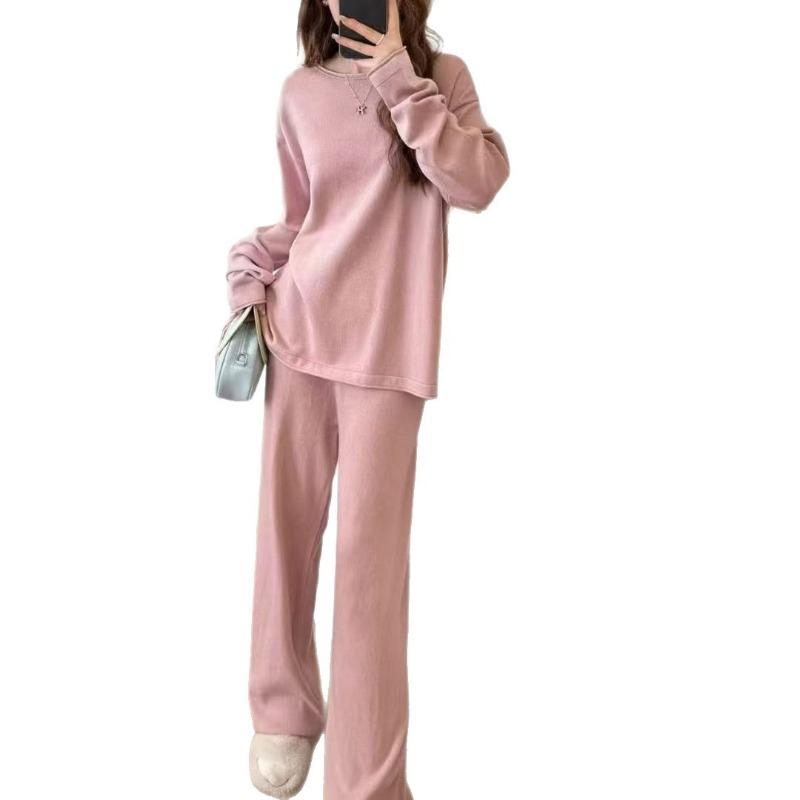 Loose casual style knitted suit women's autumn and winter new curled round neck sweater wide-leg pants two-piece set