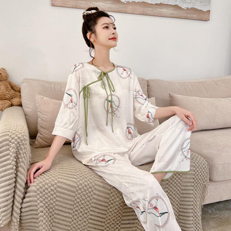 Women's pajamas new spring and summer ice silk comfortable and high-end new Chinese style loungewear set retro thin