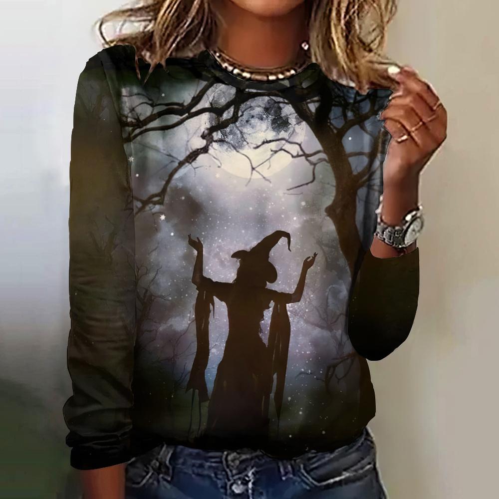 Halloweenské speciální oblečení Dámská podzimní/zimní trička Bláznivý přízrak Dlouhý rukáv Imitace bavlny Tričko Kulatý výstřih Topy Ne